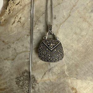 Sterling Silver 925 Hinged Marcasite Handbag Locket Purse Pendant Necklace 18"